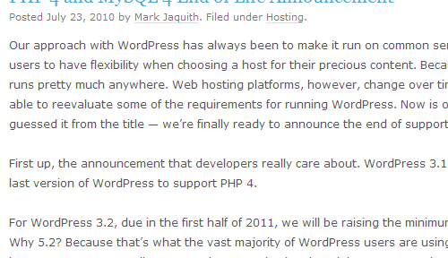 WordPress 3.2 より動作環境がPHP 5.2+MySQL 5.0.15以上へ。PHP 4 環境のユーザはバージョンアップ/移行の準備を